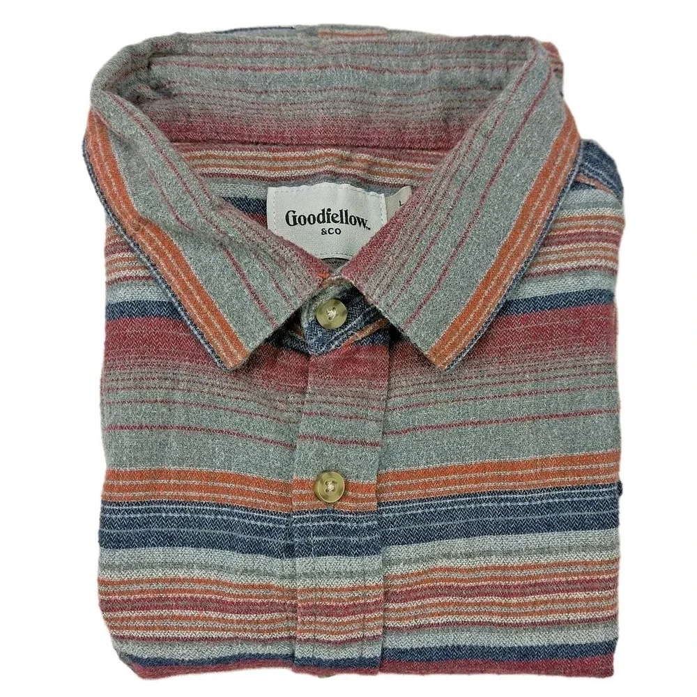 Goodfellow & Co Mens Large Gray Red Striped‎ Flannel Button Up Shirt 043160526